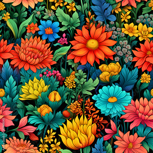 Rainbow Wildflower Field, colorful pattern that arranges wildflowers in a spectrum resembling a rainbow, Seamless Floral Pattern, Wildflower JPG, Created using generative AI