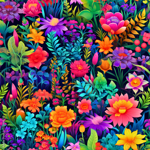 Rainbow Wildflower Field, colorful pattern that arranges wildflowers in a spectrum resembling a rainbow, Seamless Floral Pattern, Wildflower JPG, Created using generative AI
