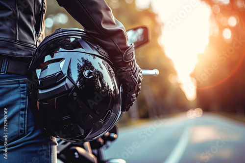 Motorbike rider holding a helmet photo