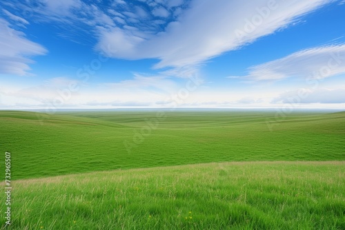  A Breathtaking Landscape Reveals a Rolling Slope Blanketed in Lush Green Grass  Harmonizing with the Expansive Blue Sky and Soft Clouds