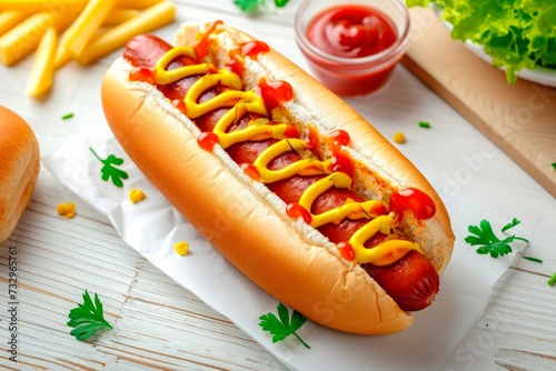 Classic Hot Dog With Ketchup Mustard Sauce White Wooden Table 2