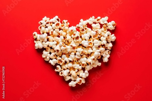 Popcorn With Shaped Heart Red Background Cinema Valentines Day Concept