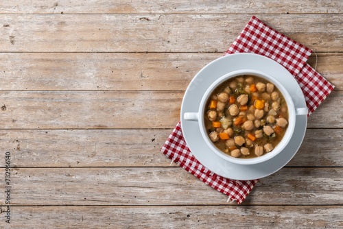 Chickpeas Soup With Vegetables Bowl Wooden Table Top View Copy Space