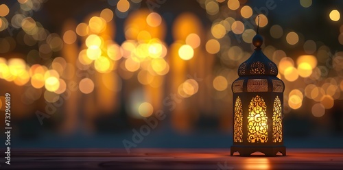 Eid Al Fitr and Adha celebration with an enchanting Islamic Lantern as the focal point. Mood of joy and spirituality.