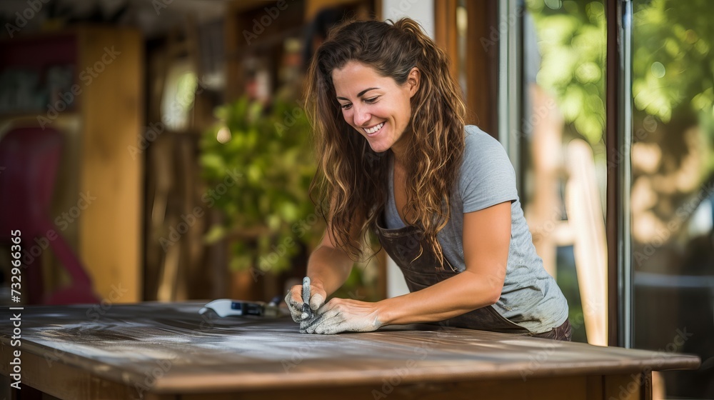 Happy smiling woman sanding old wooden table with sponge for furniture renovation and home improvement project Happy smiling woman sanding old wooden table with sponge for furniture renovation and home improvement project