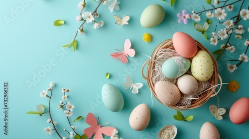 Festive Easter Egg Flat Lay Photo: Basket Overflowing with Colorful Eggs Celebrate the Joy of Spring