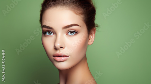 Portrait of a beautiful, elegant, sexy Caucasian woman with perfect skin, on a light green background, banner.