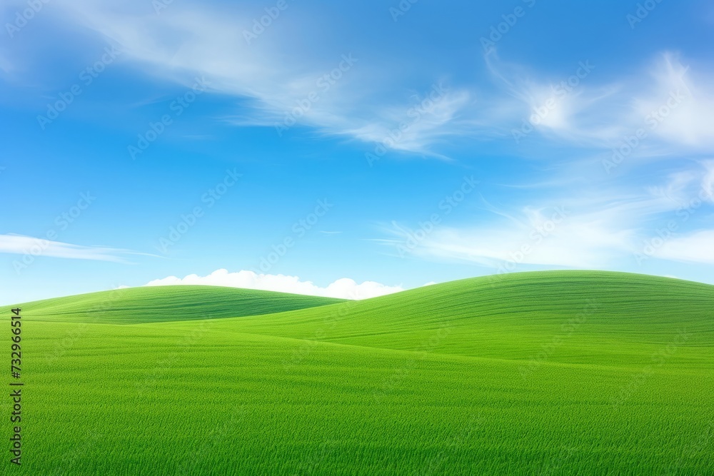 A Landscape View Showcasing a Sloping Meadow Covered in Lush Green Grass, Underneath a Beautiful Blue Sky Adorned with Puffy White Clouds A Landscape View Showcasing a Sloping Meadow Covered in Lush Green Grass, Underneath a Beautiful Blue Sky Adorned with Puffy White Clouds