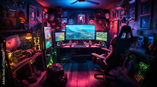 Gaming room with RGB lighting, gaming chair, keyboard, mouse, and headset photo