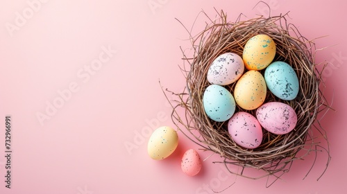 Pastel Easter Nest Flat Lay Colorful Eggs Nestled in a Charming Nest on a Delicate Pink Background