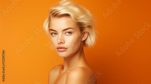 Portrait of a beautiful, sexy Caucasian woman with perfect skin and white long hair, on an orange background.