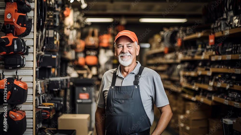 Mature man smiling and holding a drill in a home improvement store Mature man smiling and holding a drill in a home improvement store
