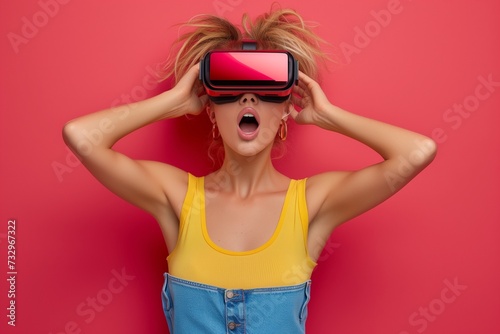 Young Casual Woman Excitedly Engages with VR Glasses, Exploring Invisible Worlds on Solid Background