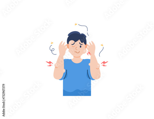A man who gets a sting from a bee or insect. hands and face are Swollen and bumps due to sting. attacks from insects. feeling pain and itching. character illustration design. graphic elements. Vector