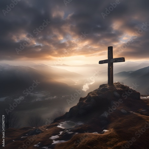 cross standing by the roadside in a misty winter mountain valley