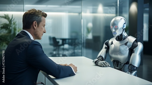 Futuristic robot interviewing human candidate in modern office, concept of AI replacing human jobs