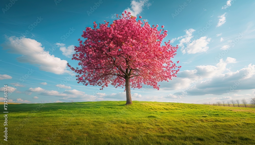 Fototapeta premium Cherry blossom sakura tree standing gracefully in lush meadow with expansive sky stretching overhead idyllic scene reminiscent of watercolor painting of spring and beauty of nature in full bloom