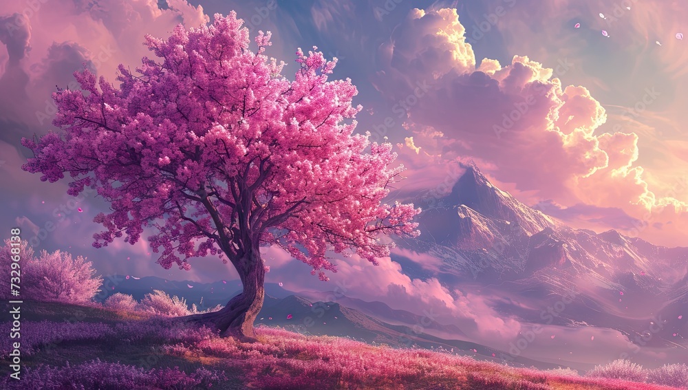 Cherry blossom sakura tree standing gracefully in lush meadow with expansive sky stretching overhead idyllic scene reminiscent of watercolor painting of spring and beauty of nature in full bloom - obrazy, fototapety, plakaty 