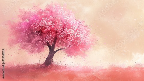 Cherry blossom sakura tree standing gracefully in lush meadow with expansive sky stretching overhead idyllic scene reminiscent of watercolor painting of spring and beauty of nature in full bloom