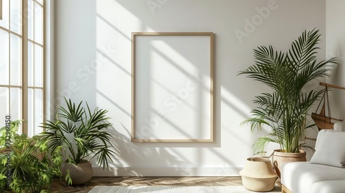 Blank frame for mockup, frame hanging on a wall, boho modern style. © MiniMaxi