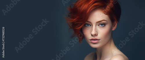 Portrait of an elegant, sexy smiling woman with perfect skin and short red hair, on a dark blue background, banner.