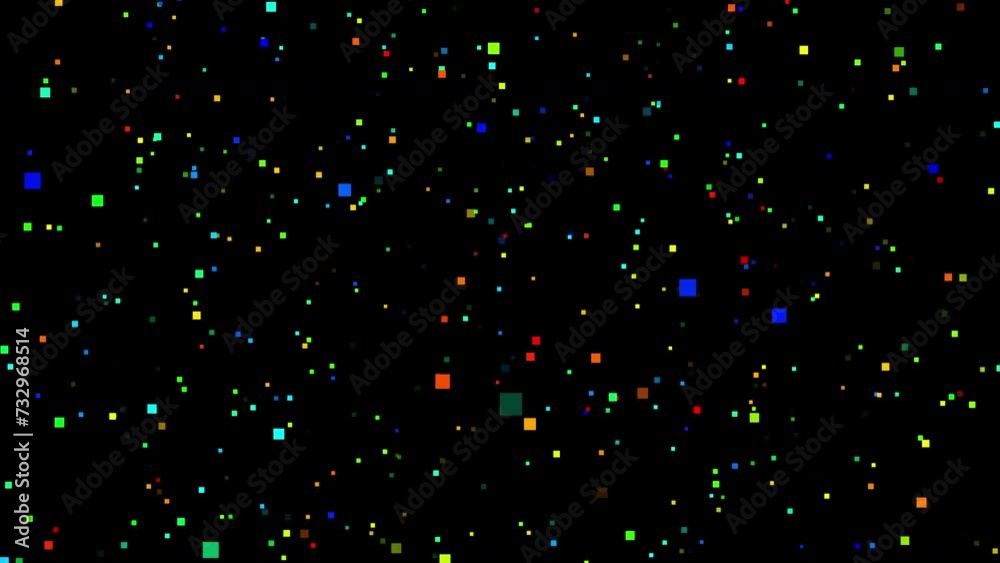 Abstract colorful squares move randomly in space. Background design. 3d. 4K. Isolated black background. Abstract colorful squares move randomly in space. Background design. 3d. 4K. Isolated black background.
