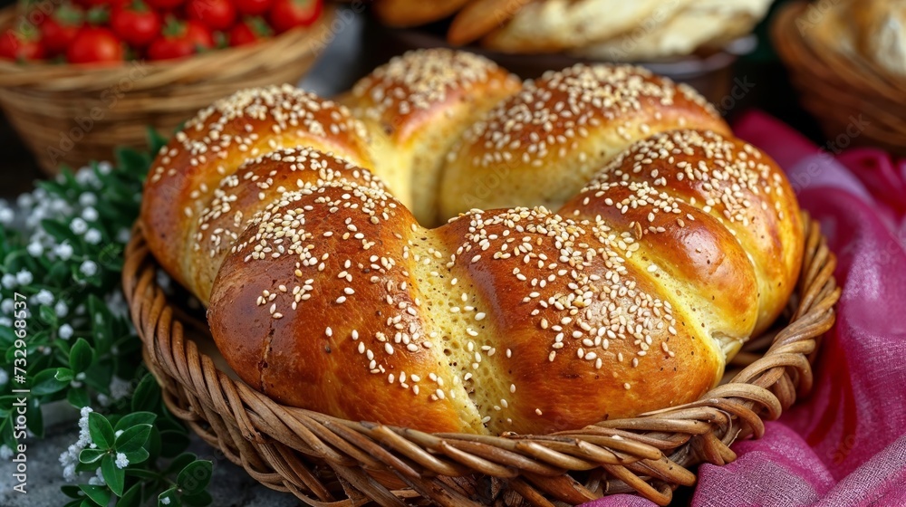 Easter bread tsoureki on table, closeup view. Sweet braided bun Easter bread tsoureki on table, closeup view. Sweet braided bun