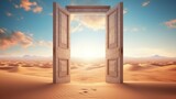 Opened door on desert. Unknown and start up concept. This is a 3d illustration.