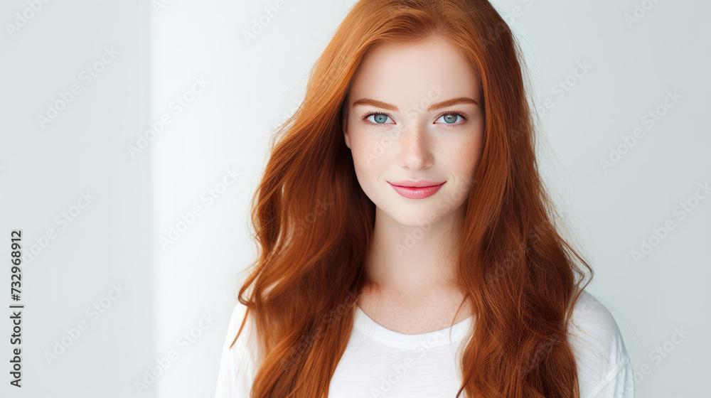 Portrait of an elegant, sexy smiling woman with perfect skin and long red hair, on a white background, banner. Portrait of an elegant, sexy smiling woman with perfect skin and long red hair, on a white background, banner.