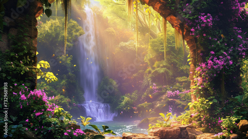 Enchanting tropical forest landscape with waterfall and lush foliage. Natural beauty and environment.