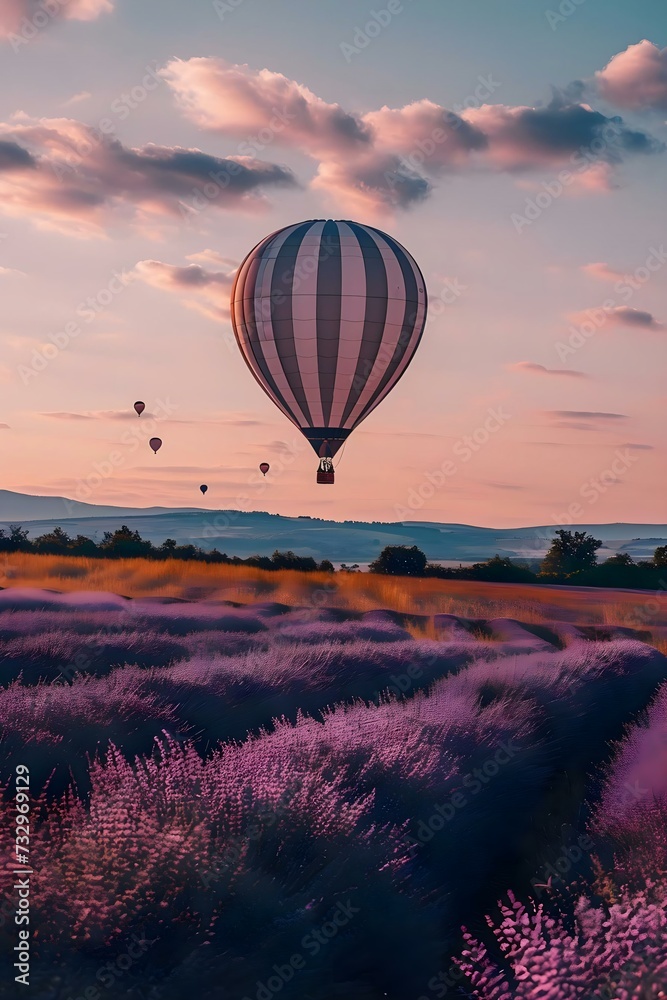Fototapeta premium a hot air balloon flying over a lavender field
