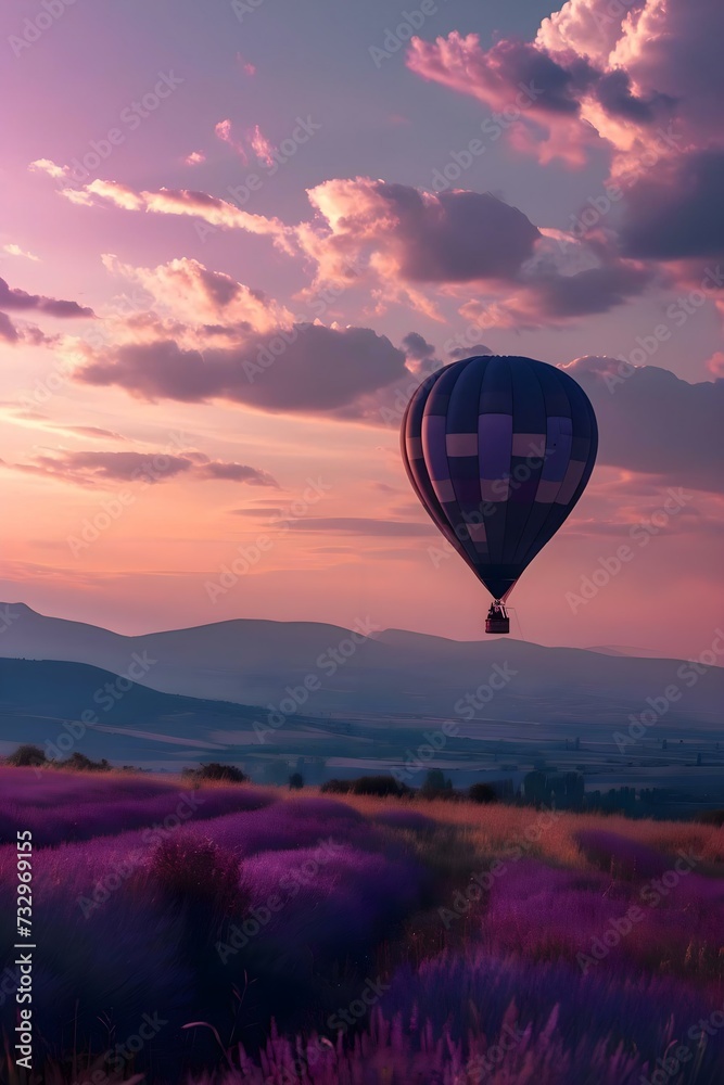 Fototapeta premium a hot air balloon flying over a lavender field