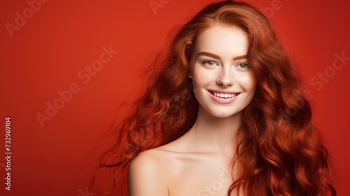 Portrait of an elegant, sexy smiling woman with perfect skin and long red hair, on a red background, banner.