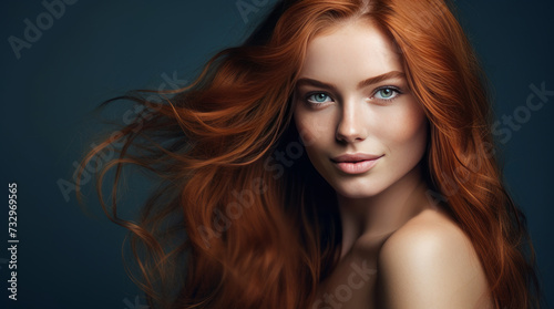 Portrait of an elegant, sexy smiling woman with perfect skin and long red hair, on a dark blue background, banner.