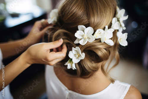 Hairstylist arranging beautiful elegant bridal hairstyle with flowers
