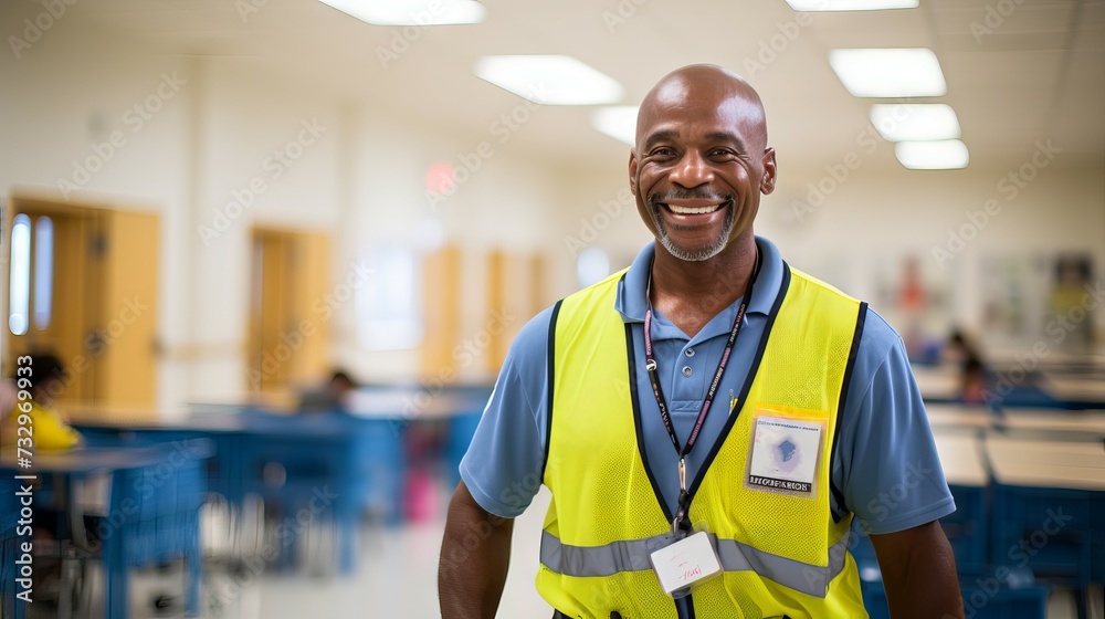 African American school janitor with a smile and a broom standing in a corridor of an educational institution African American school janitor with a smile and a broom standing in a corridor of an educational institution