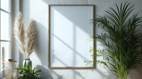 Blank frame for mockup, frame hanging on a wall, boho modern style. © MiniMaxi