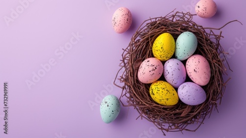 Colorful Easter Nest Flat Lay Vibrant Eggs Nestled in a Whimsical Nest on a Serene Purple Background