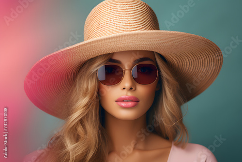 Attractive woman with summer straw hat and sunglasses in front of studio background