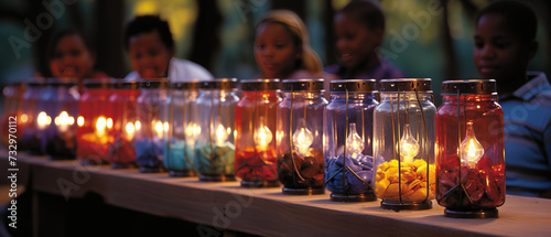candles are lit in glass jars with colorful stones and shells