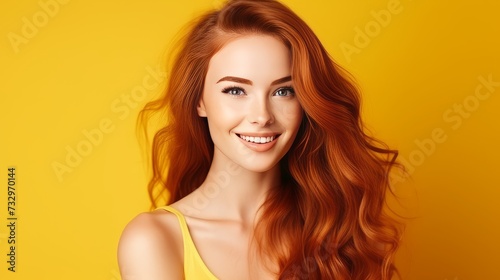 Portrait of an elegant, sexy smiling woman with perfect skin and long red hair, on a yellow background, banner.