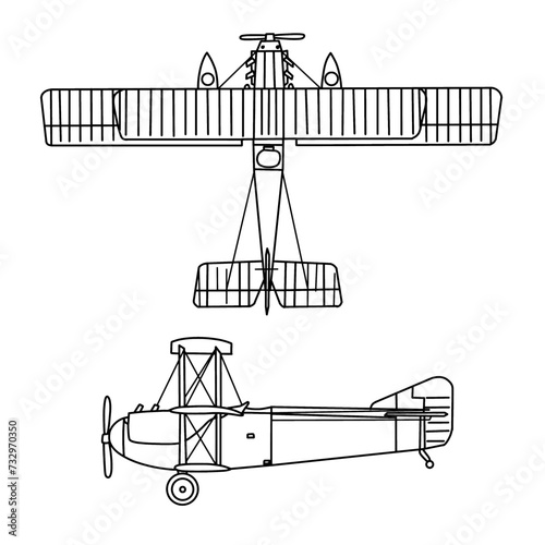 Vector drawing Illustration of 1900's vintage aircraft line art, Biplane silhouette with white detail lines, outline vector doodle illustration, top and side view isolated on white background