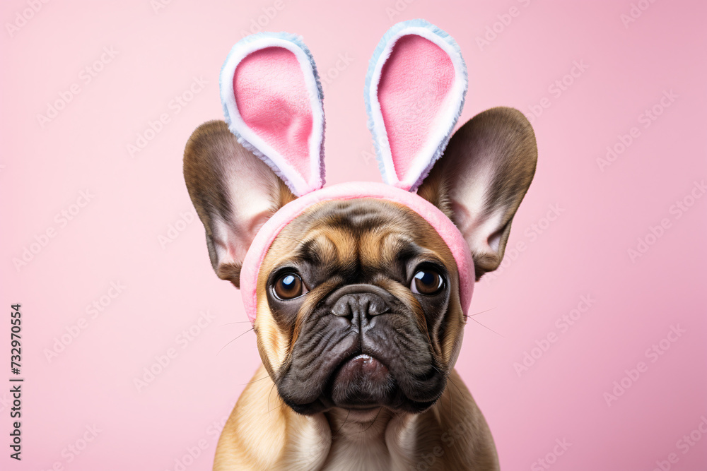 French Bulldog dog wearing Easter bunny ears in fornt of pastel pink studio background