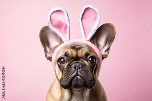 French Bulldog dog wearing Easter bunny ears in fornt of pastel pink studio background © Firn