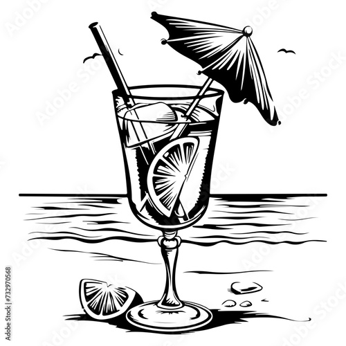 Summer vacation concept retro illustration with summer beach cocktail glass