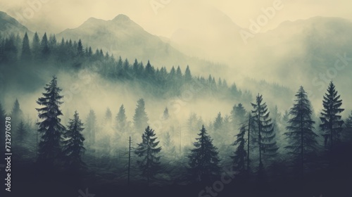 misty morning in the mountains.  Misty landscape with fir forest in vintage retro style.