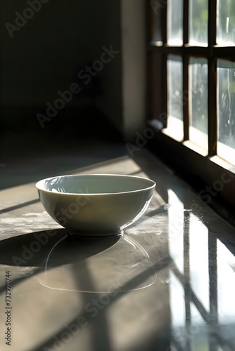 a white bowl sitting on top of a table next to a window