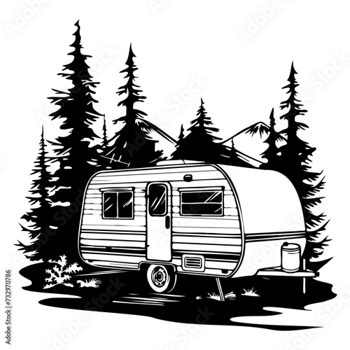caravan house camping, Camping trailer mobility camper caravan summer travel road trip isometric vintage icon vector