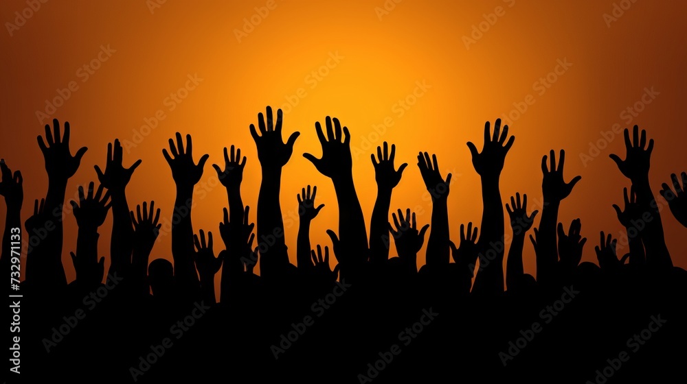 Vector illustration of diverse people raising their hands in various gestures and expressions - obrazy, fototapety, plakaty 