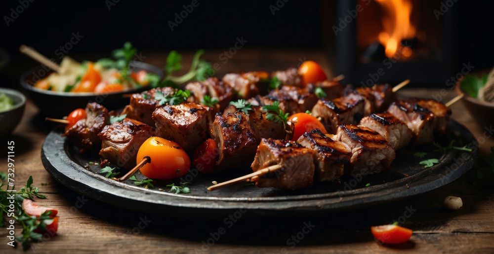 Grilled meat skewers, shish kebab with vegetables